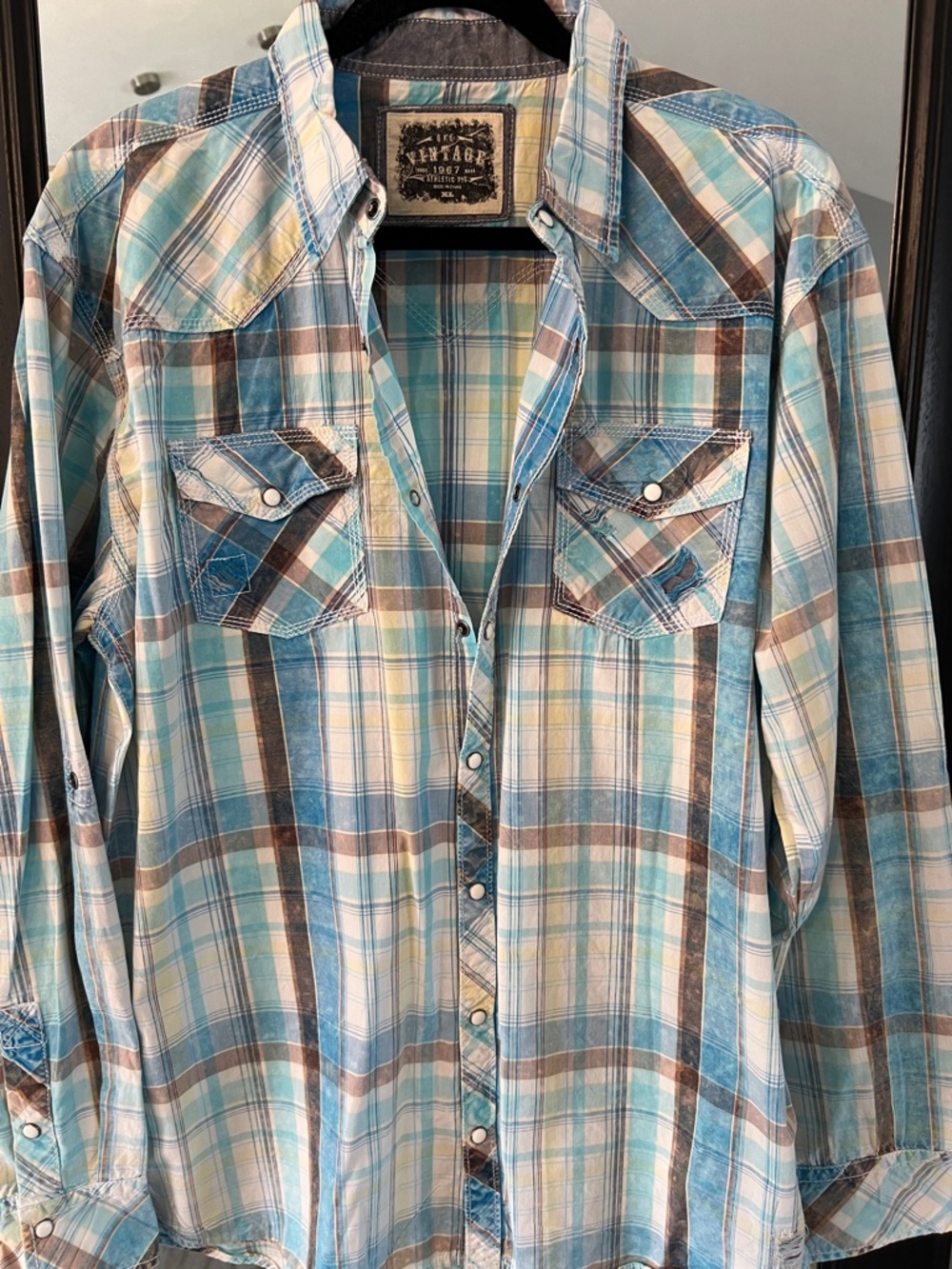 Vintage Western Plaid Snap-Front Shirt in Teal, Brown & Cream